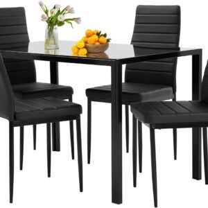 FDW | 5-Piece Dining Table Set | Black | Glass Kitchen Table with 4 Upholstered