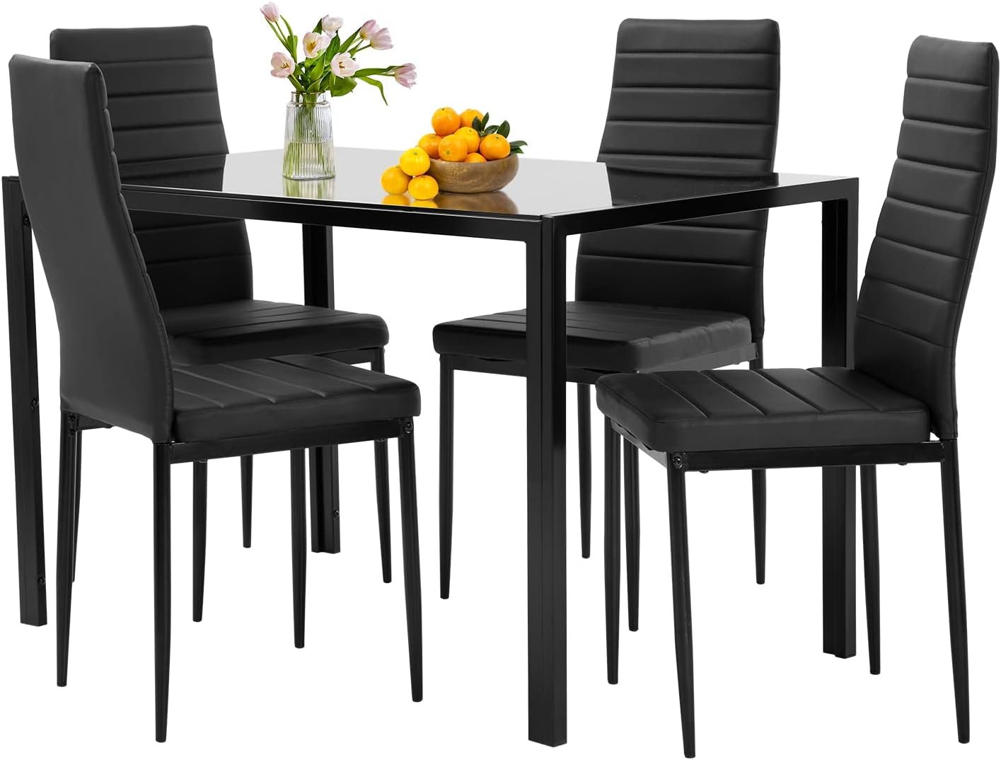 FDW | 5-Piece Dining Table Set | Black | Glass Kitchen Table with 4 Upholstered - Image 2