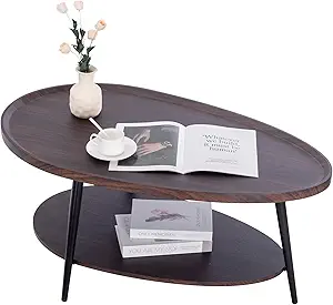Oval Coffee Table, 2-Tier Coffee Table with Open Storage Shelf, 40