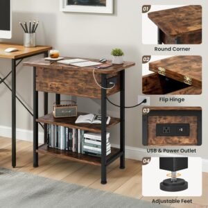 End Table with Charging Station, Flip Top Side Table with USB Ports and Outlets