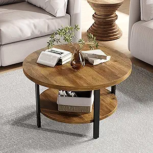 Round Coffee Tables for Living Room, Coffee Table with Wooden Surface Top & Sturdy Metal Legs